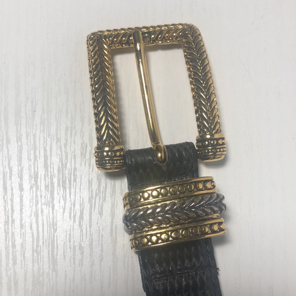 Vintage Carlisle Womans Belt Black Grey Leather Solid Gold Silver Buckle - Picture 2 of 8